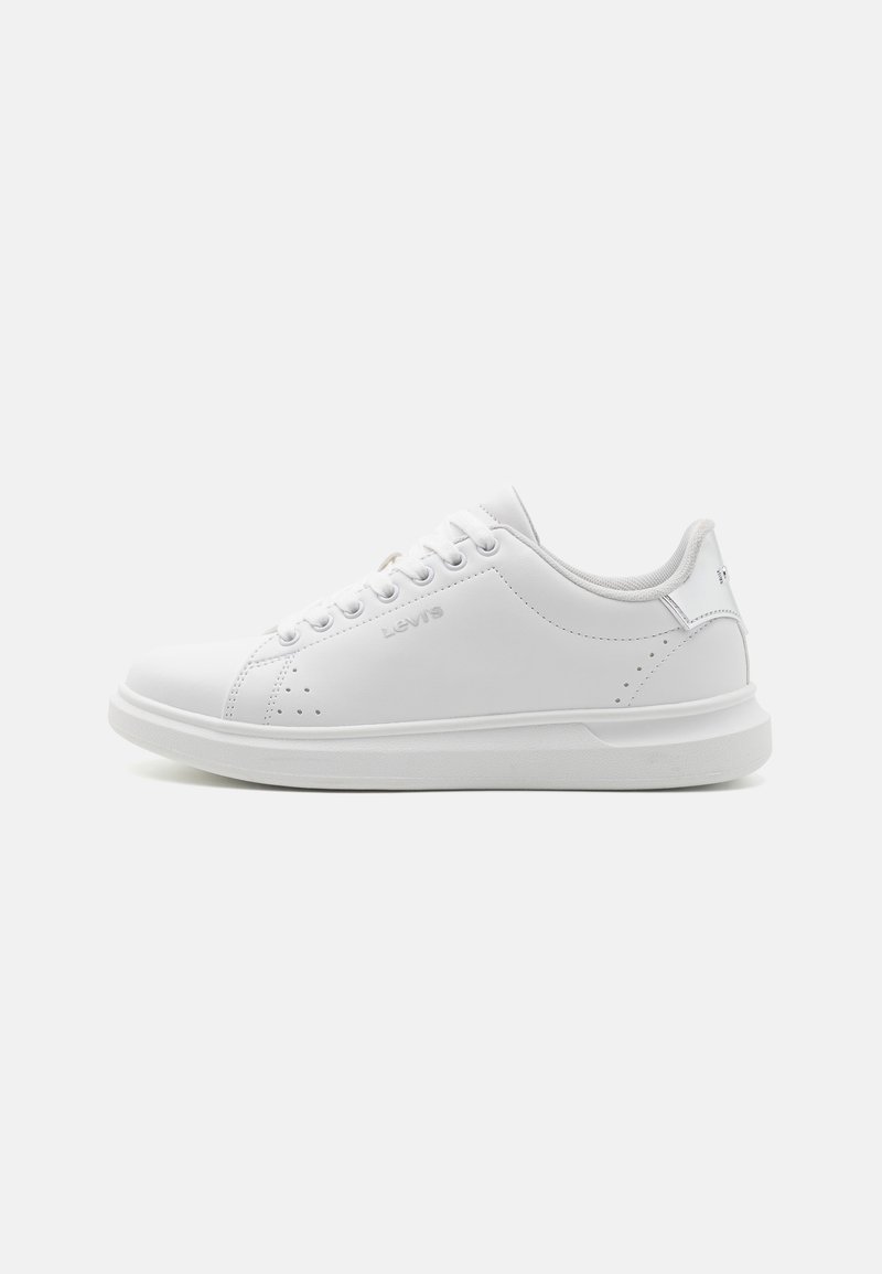 White low-top sneaker with lace-up front, perforated detailing, padded collar, and Levi's branding on the side and heel tab.