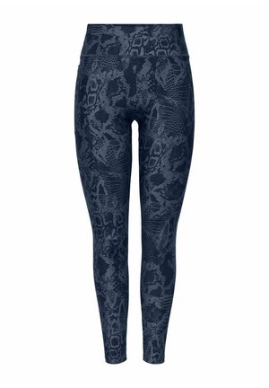Leggings taille haute longueur complète avec motif peau de serpent bleu foncé et noir sur un tissu lisse et extensible.
