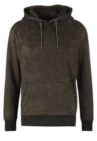 Felpa con cappuccio verde oliva realizzata in materiale morbido. Presenta una tasca frontale a canguro, cappuccio con cordino e polsini e orlo a costine.