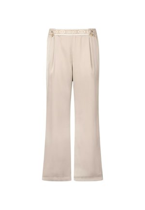 Pantaloni ampi beige con una trama liscia, dotati di una vita elastica con logo e dettagli decorativi in oro sui lati.