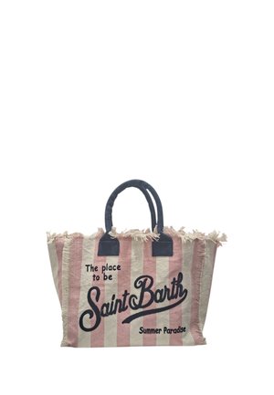 Borsa tote beige e rosa a righe con manici neri e scritta ricamata sul davanti "The place to be Saint Barth Summer Paradise".
