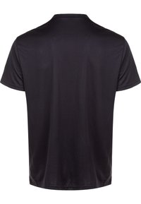 Schwarzes T-Shirt mit kurzen Ärmeln aus weichem Stoff, mit rundem Ausschnitt und glatter Textur ohne sichtbare Muster oder Designs.