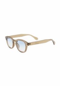 Occhiali da sole marrone chiaro con montatura rotonda, lenti blu trasparenti e aste beige. Realizzati in plastica con una finitura liscia.