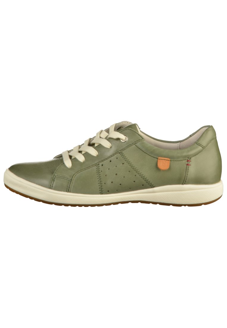 Sneaker verde in pelle con lacci color beige chiaro, design perforato ai lati, accentuazione color sabbia e suola in gomma bianca, caratterizzato da punta arrotondata e profilo basso.
