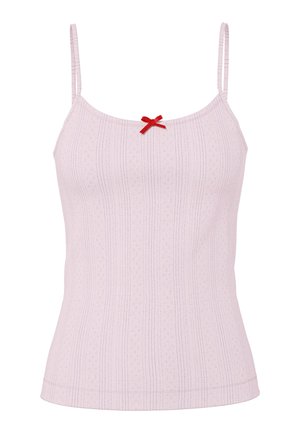 Svetloružové tielko bez rukávov s tenkými ramienkami, jemným vertikálnym výšivkovým vzorom a malou červenou mašľou uprostred výstrihu.