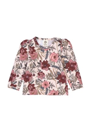Langärmliges Oberteil aus weichem Material, mit einem floralen Muster in Burgunderrot, Rosa und Grau auf einem hellrosafarbenen Hintergrund; runder Ausschnitt.