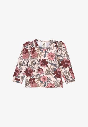 Długi rękaw, wykonany z miękkiego materiału, z kwiatowym wzorem w burgundzie, różu i szarości na jasnoróżowym tle; okrągły dekolt.