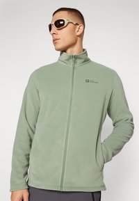 Lichtgroene fleecejack met hoge kraag, front-rits en zijzakken. Heeft een logo op de linkerkant van de borst en een gladde textuur.