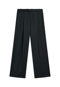 Black wide-leg trousers featuring a pleated front, waistband with belt loops, and side pockets. Made from a smooth fabric with a streamlined design.