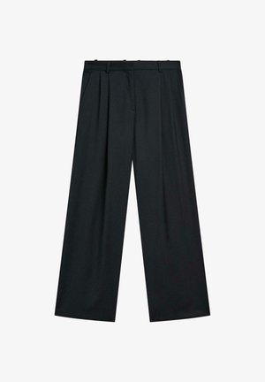Pantaloni neri a gamba larga con frontale plettato, vita con passanti per cintura e tasche laterali. Realizzati in un tessuto liscio con un design elegante.