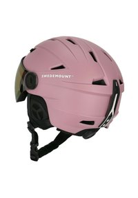 Rosa Helm mit mattem Finish, verstellbarem Visier, Belüftungsöffnungen und Kinnband. Mit Markenlogo und schwarzen Details für sicheren Sitz.