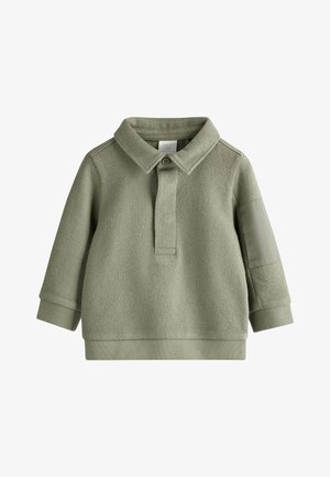 Grøn strikket sweatshirt med krave, knapstolpe og lange ærmer. Ribstrikkede manchetter og kant med tekstureret stof.