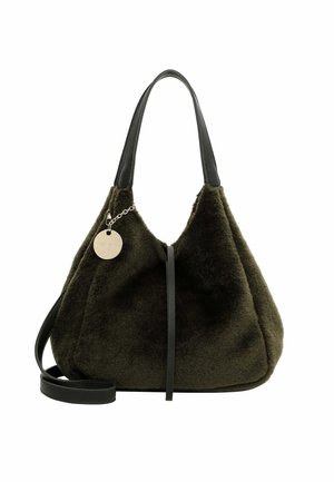 Olive green faux fur bag with a black leather strap, featuring a metal tag attached by a chain and a flat black accent on the front.
