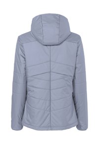 Giacca con cappuccio grigia chiara dal design trapuntato, caratterizzata da cuciture angolari e un orlo dritto, realizzata in un materiale liscio e imbottito.