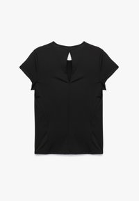 Sort kortærmet top med rund halsudskæring og et udskåret nøglehul-detalje bagpå. Lavet af glat stof, med en tætsiddende silhuet.