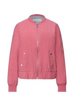 Lyserød bomberjakke med lynlås foran, ribbede manchetter og elastisk kant. Har sidelommer og tekstureret stof.