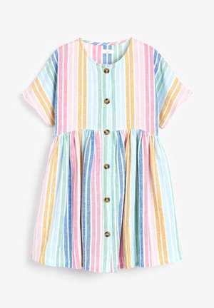 Gestreiftes Kleid mit kurzen Ärmeln, rundem Ausschnitt und Knopfverschluss vorne. Die Farben umfassen Pink, Blau, Gelb und Grün. Ausgestellter Rock.