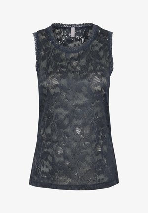 Melnā lacē bez piedurknēm topiņš, ar ziedu rakstu un viļņotām malām. Mīksta tekstūra, pieguļošs siluets ar noapaļotu dekoltē.