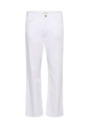 Valkoiset farkut suoralla lahkeella, viiden taskun mallilla ja pienen metallisen napin vyötäröllä sulkemista varten.