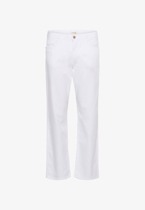 Baltos džinsinės kelnės su tiesiomis kojomis, penkių kišenių dizainu ir mažu metaliniu mygtuku juosmens užsegimui.