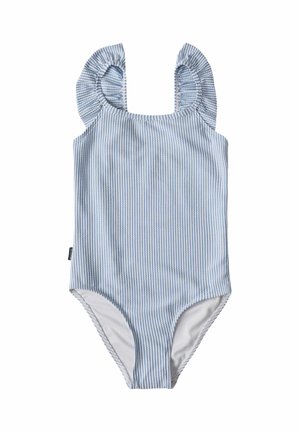 Blau-weiß gestreifter, einteiliger Badeanzug mit Rüschen an den Schulterträgern, für ein Kind entworfen.