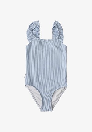 Blå og hvide lodrette stribede énstykke badedragt med flæsefyldte skulderstropper, designet til et barn.