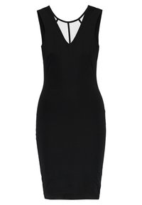 Robe noire ajustée sans manches avec une longueur au genou et un détail de col en mailles transparentes en forme de V.