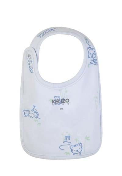 Bavoir blanc pour bébé avec illustrations de tigres dessinés en bleu, logo "KENZO KIDS" et fermeture pressionnée au niveau du cou, taille pour nourrissons de 3 mois.
