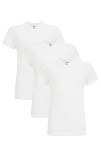 Baltos V formos V kaklo marškinėliai, sudėti trimis sluoksniais, pagaminti iš minkštos medžiagos, trumpomis rankovėmis ir laisvo silueto. Paprastas vientiso dizaino, be raštų.