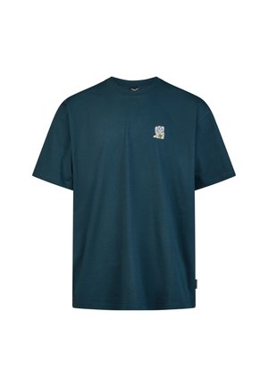 Dunkel petrolfarbenes T-Shirt mit kurzen Ärmeln und Rundhalsausschnitt mit kleinem weißen und gelbem gesticktem Tiger-Design auf der linken Brust.