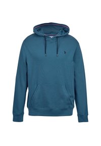 Modrá mikina s kapucí vyrobená z měkké tkaniny, se přední kapsou typu klokan, stahovací kapucí a malým logem na hrudi.