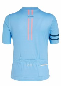 Maillot de cyclisme à manches courtes bleu clair avec des rayures roses, des accents bleu foncé, un tissu texturé et une poche arrière zippée. Logo de la marque visible.