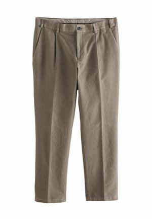 Khakihosen aus einer weichen Baumwollmischung, mit geradem Bein, vorderen Falten, Knopfverschluss und seitlichen Taschen.