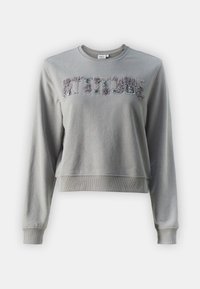 Sudadera gris con cuello redondo, mangas largas y un corte cropped. Presenta letras texturizadas y brillantes que dicen "ACTITUDE".