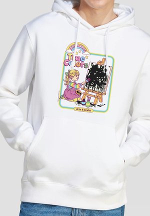 White hoodie with a colorful print of a girl painting black strokes on an easel, labeled "Show your True Colors" and "Arts & Crafts."