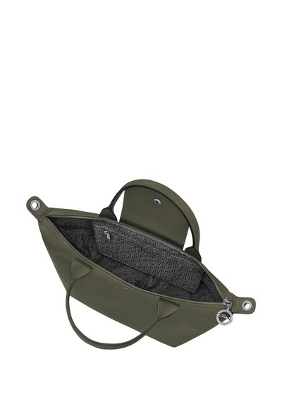 Olive green tote bag with textured interior, zipper closure, two handles, and a small exterior hardware detail. Spacious and structured design.