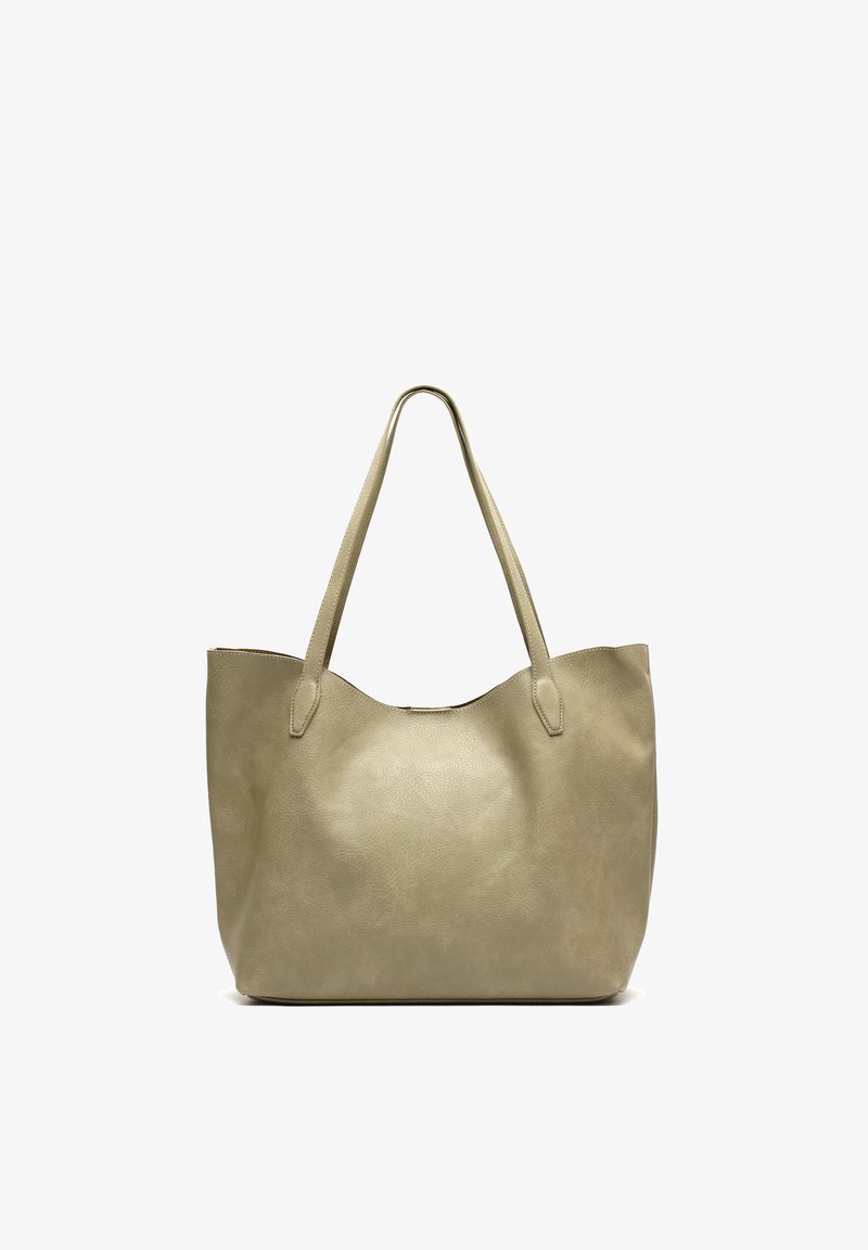 Borsa tote in pelle beige con due manici lunghi, texture liscia e bordo superiore leggermente curvo.