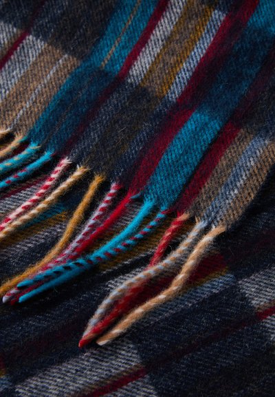 Vilnonė pledas su languotais raštais mėlynos, raudonos, rudos ir pilkos spalvų atspalviais; kraštai dekoruoti daugybės spalvų kutais, suteikiančiais tekstūros.