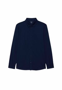 Camicia a maniche lunghe blu navy in tessuto liscio; presenta un colletto classico, chiusura frontale con bottoni e polsini con bottone. Senza motivi né dettagli.