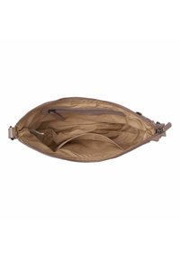 Borsa a spalla beige chiaro con interno trapuntato, dotata di un compartimento con zip e due tasche aperte per l'organizzazione.