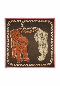 Foulard en soie avec un fond marron présentant un tigre stylisé orange et un léopard blanc, bordé d'un imprimé animal beige et d'un contour rose.