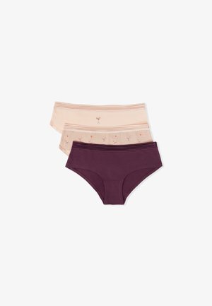 Three pairs of women's underwear: one light peach with a drink motif, one striped peach with drinks, and one solid dark purple, cotton blend.