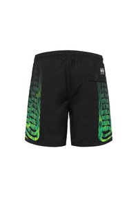 Pantaloni da bagno neri con un design astratto verde sfumato sui lati, vita elasticizzata e una tasca sul retro. Tessuto leggero.