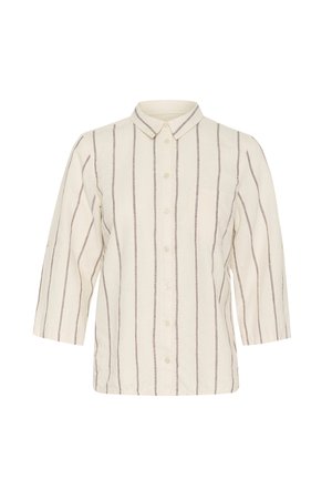 Light beige button-up shirt with thin brown vertical stripes, collar, and breast pocket; features three-quarter sleeves and a relaxed fit.