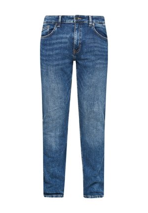 Jean en denim bleu avec une coupe droite, un design à cinq poches et un délavage subtil. Comprend des accessoires en métal et une ceinture cousue.
