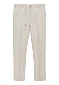 Lichtbeige broek met een trekkoord in de taille, knoopsluiting en rechte pasvorm. Gemaakt van zachte stof met zijzakken.