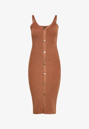 Rozsdabarna, bordázott midi ruha V-nyakkal, állítható pántokkal és középen gombos lezárással. Simával van bevonva.