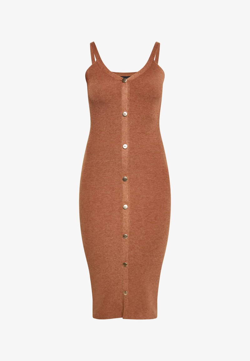 Rozsdabarna, bordázott midi ruha V-nyakkal, állítható pántokkal és középen gombos lezárással. Simával van bevonva.