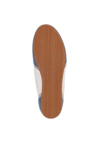 Rubber outsole with textured grooves, blue suede accents, and white panels. The design is flat with a rounded toe and reinforced edges.