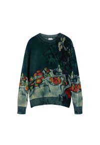 Pletený sveter v tmavozelenej farbe s farebným kvetinovým vzorom s červenými a zelenými akcentmi. Rebrovaná textúra a okrúhly výstrih.